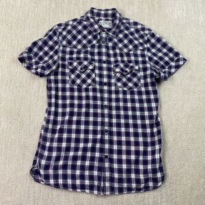 Levi Strauss Snap Button Shirt‎ Mens Blue White Plaid Short Sleeve